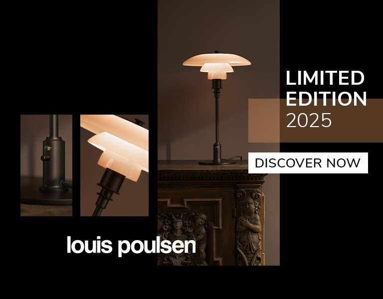 Warm-toned interior showcasing a Louis Poulsen table lamp on a carved wooden cabinet, promoting the 2025 limited edition lighting collection.