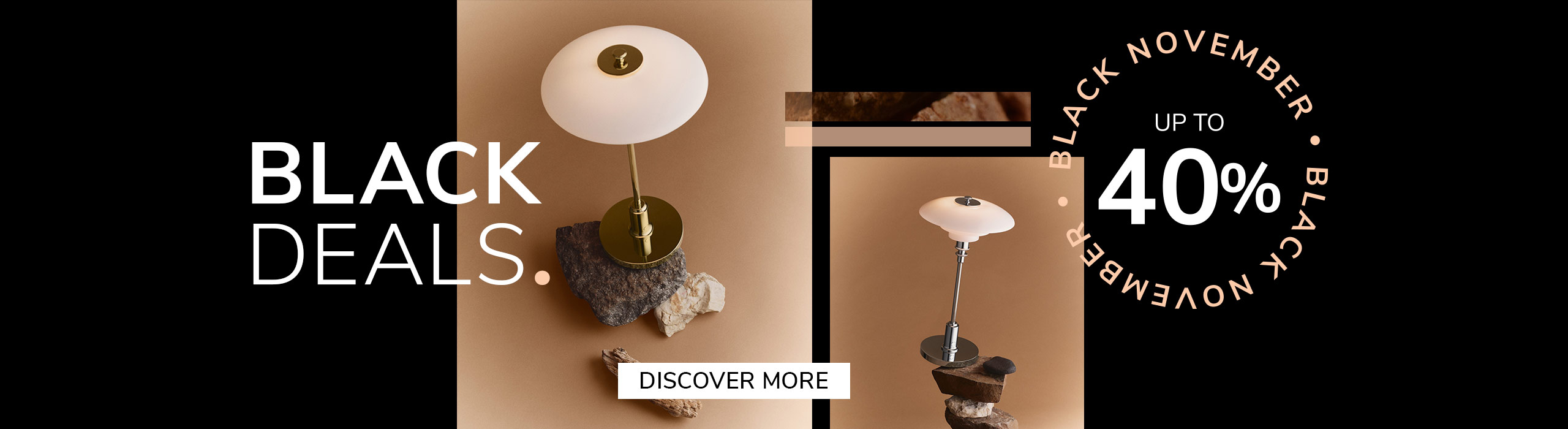 Elegant designer table lamp on natural stone base with gold stem and white shade, promoting Black November sale – up to 40% off with text ‘First Black Deals’ and ‘Discover More’ button.